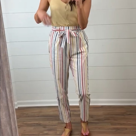 Blu Pepper Pants - Blu pepper Striped linen paperbag waist pants